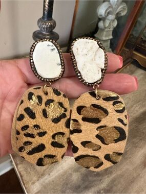 Leopard Print Gold Accent Dangle Earrings with White Stone Top